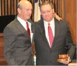 Dennis Phillips |Rosebud News            The 82nd District Judge Robert Stems swears newly elected District Judge Bryan F. Russ, Jr, in to office in Robertson County on January 1, 2019.