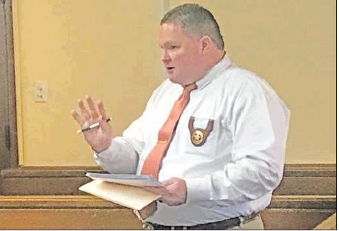 Falls County Sheriff Ricky Scaman discusses the Mooreville UMC fire with commissioners during the court’s meeting Monday, Feb. 11.            Photo by Don Moore