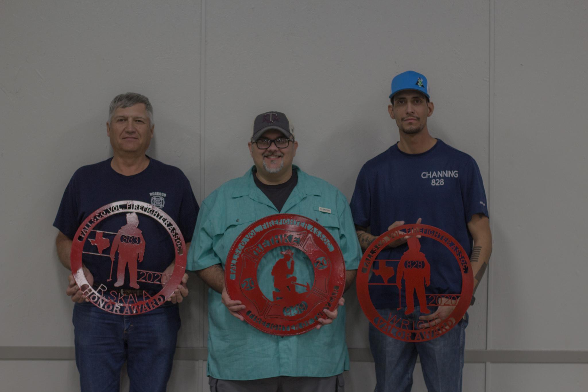Raymond Skala (Honor), Michael Behke (Fire Fighter of the Year), and Channing Wright (Valor) received personalized metal decals at the Falls County First Responders Dinner.